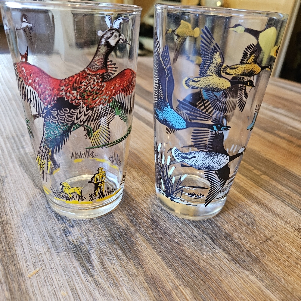 1950s VTG 2 HAZEL ATLAS Pheasant /Duck Hunting Glasses MCM Barware,  Rustic Dogs